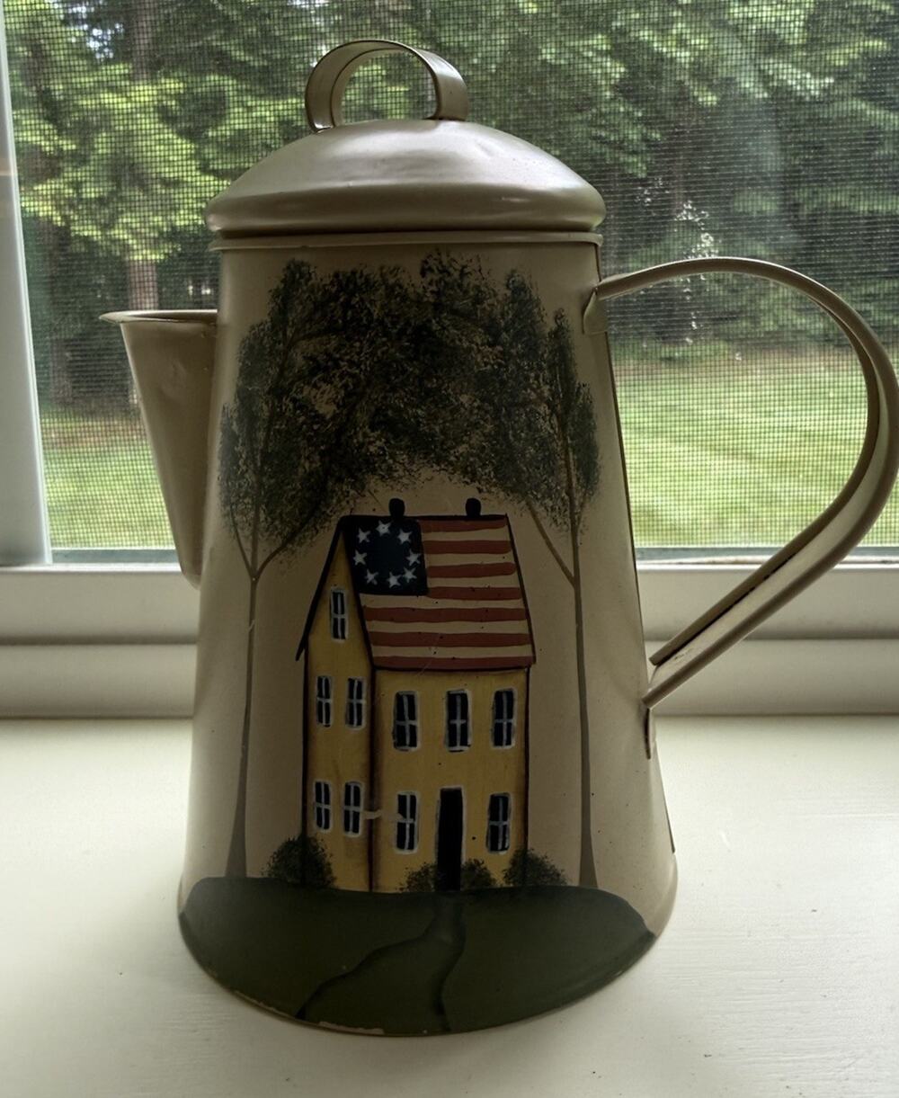 CANDLE HOLDER- Crazy Mountain Tin Teapot Shaped -Primitive house W/ Flag, Trees
